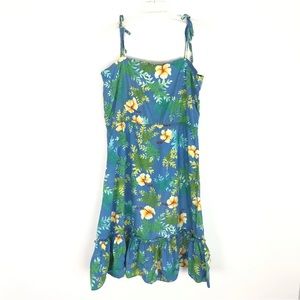 Hilo Hattie Hawaiian Vintage blue floral leaf pattern tie strap dress medium